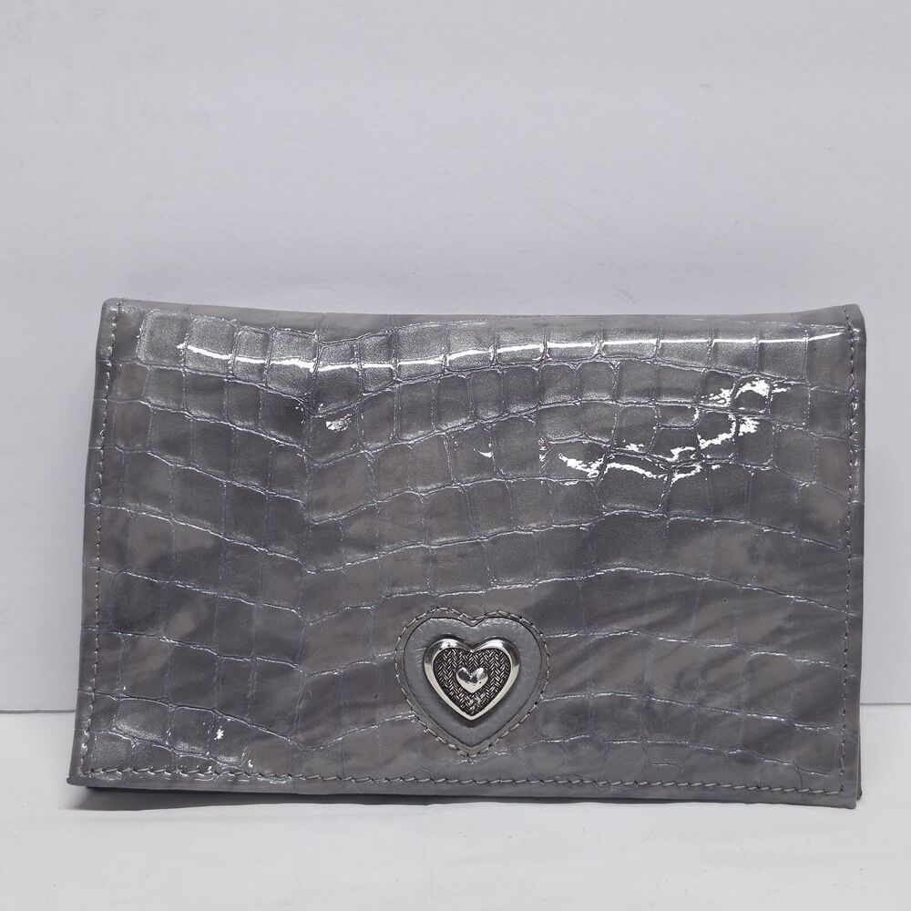 Brighton Bellissimo Heart Folio Wallet Gray Patent Leather Crocodile Embossed